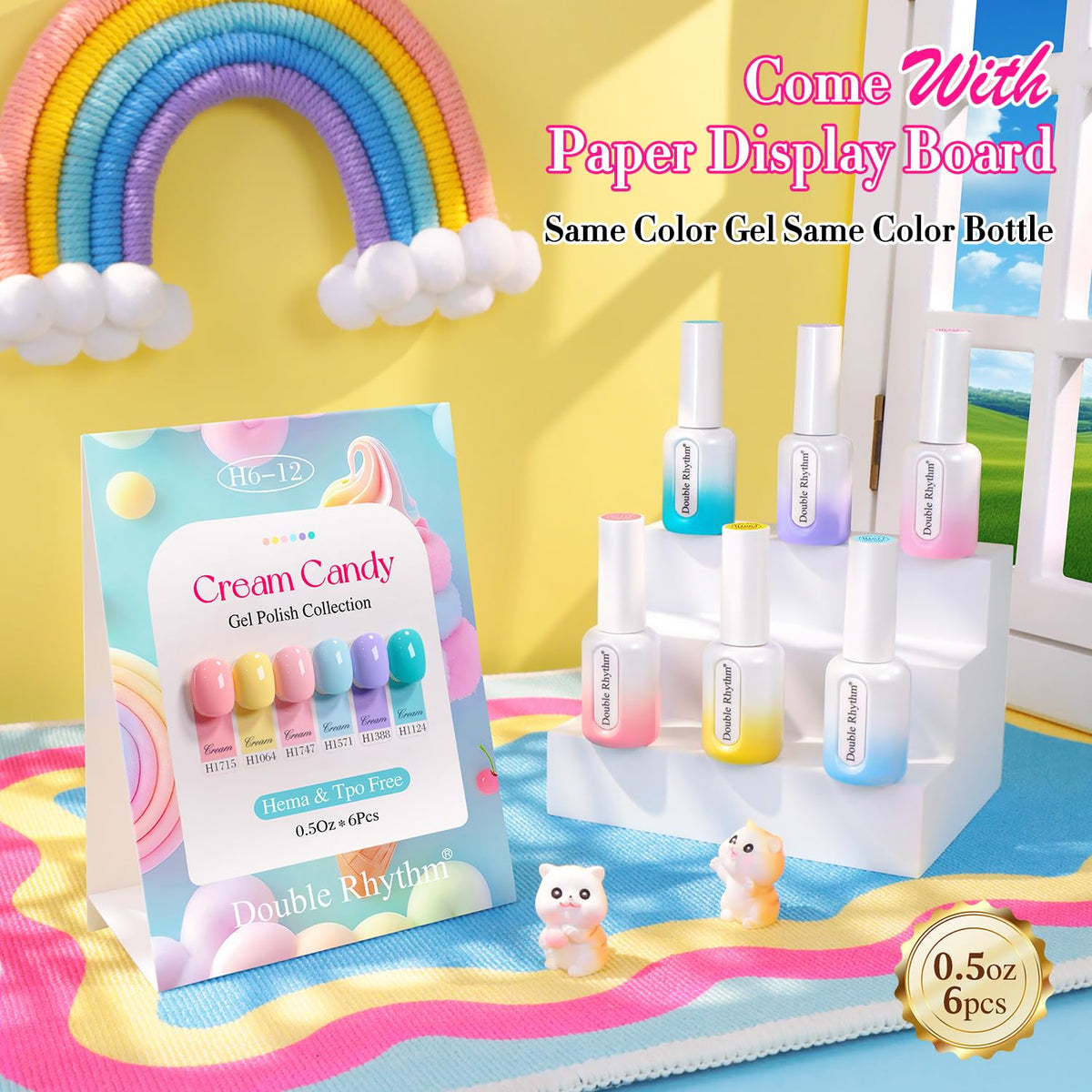 Double Rhythm color swatches with polishes for easy shade matching.