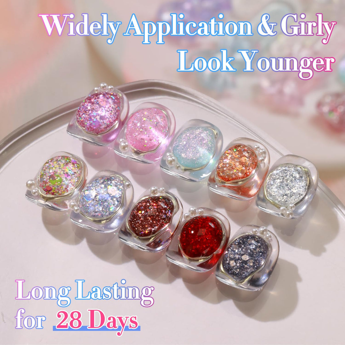 Double Rhythm color-swatch panels showcase vibrant glitter hues.