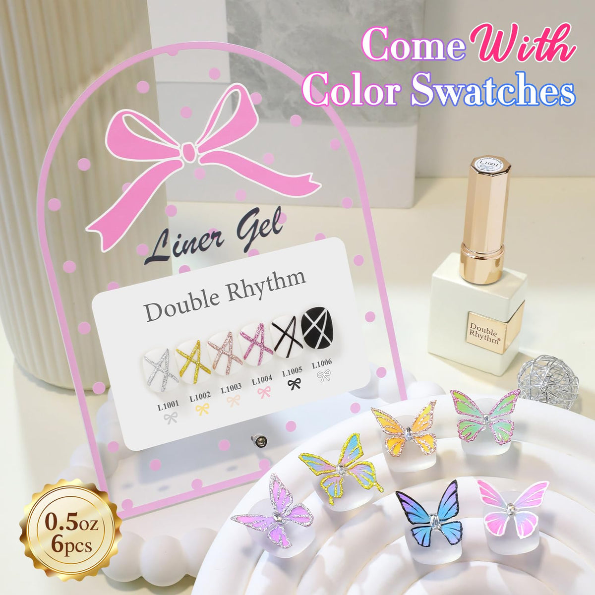 Double Rhythm 15ml gel liner bottles on display for at-home manicure