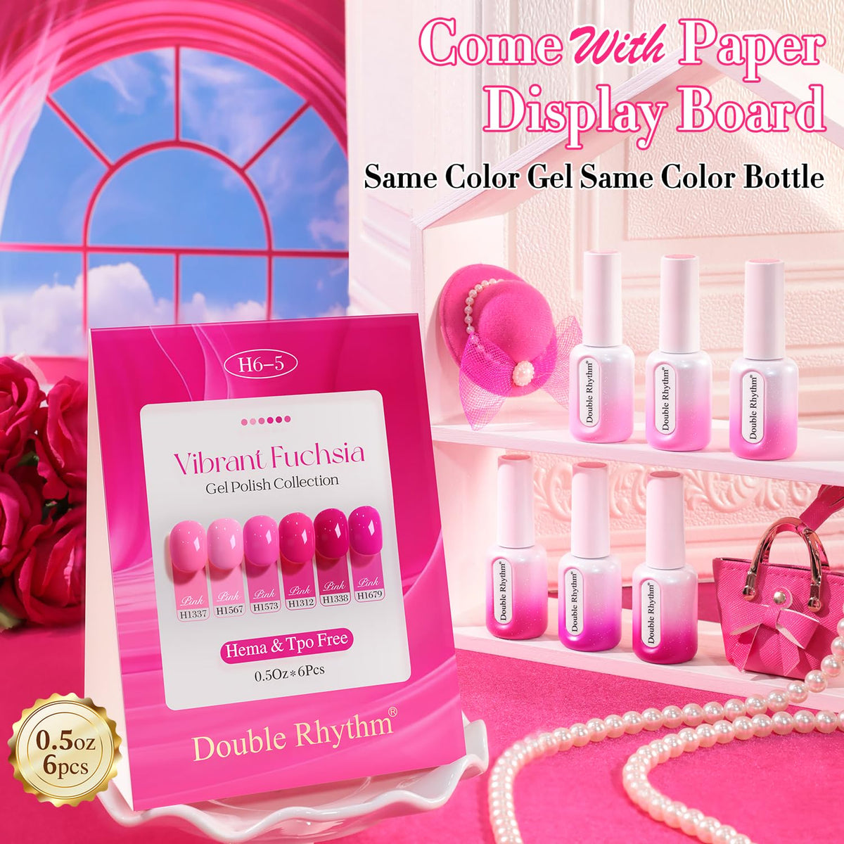 Double Rhythm gel polish bottle collection shows six consistent bottles for uniform results.