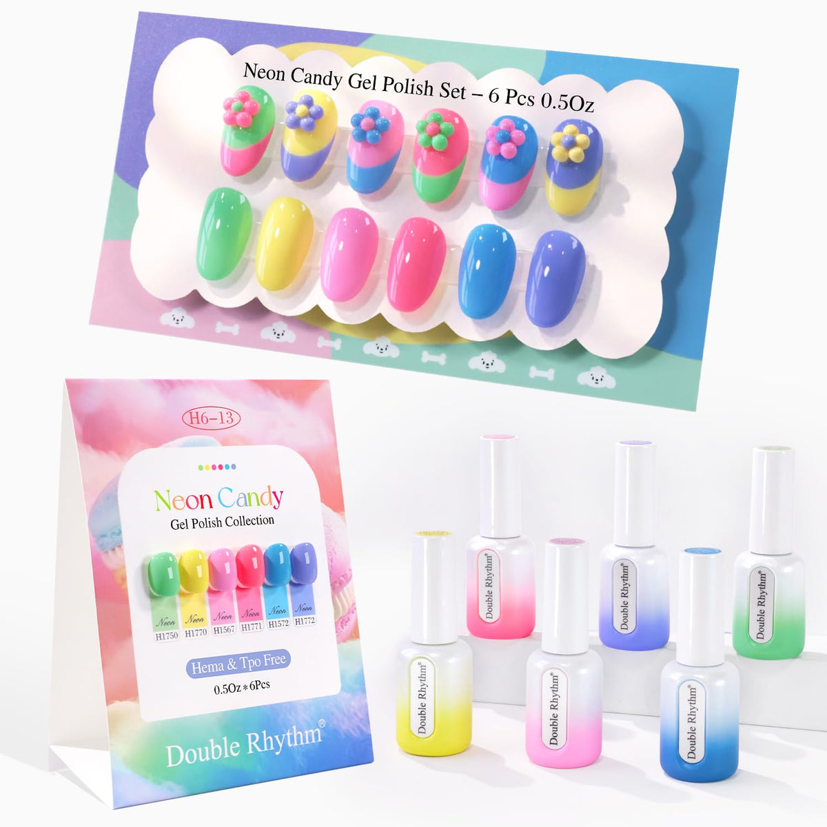 Double Rhythm neon yellow gel polish bottle offers bright color and long-lasting gloss.