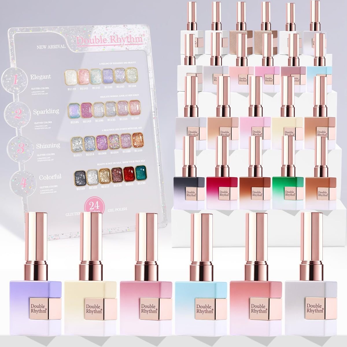 Double Rhythm glitter gel polish bottle with sparkly shades for at-home manicures.