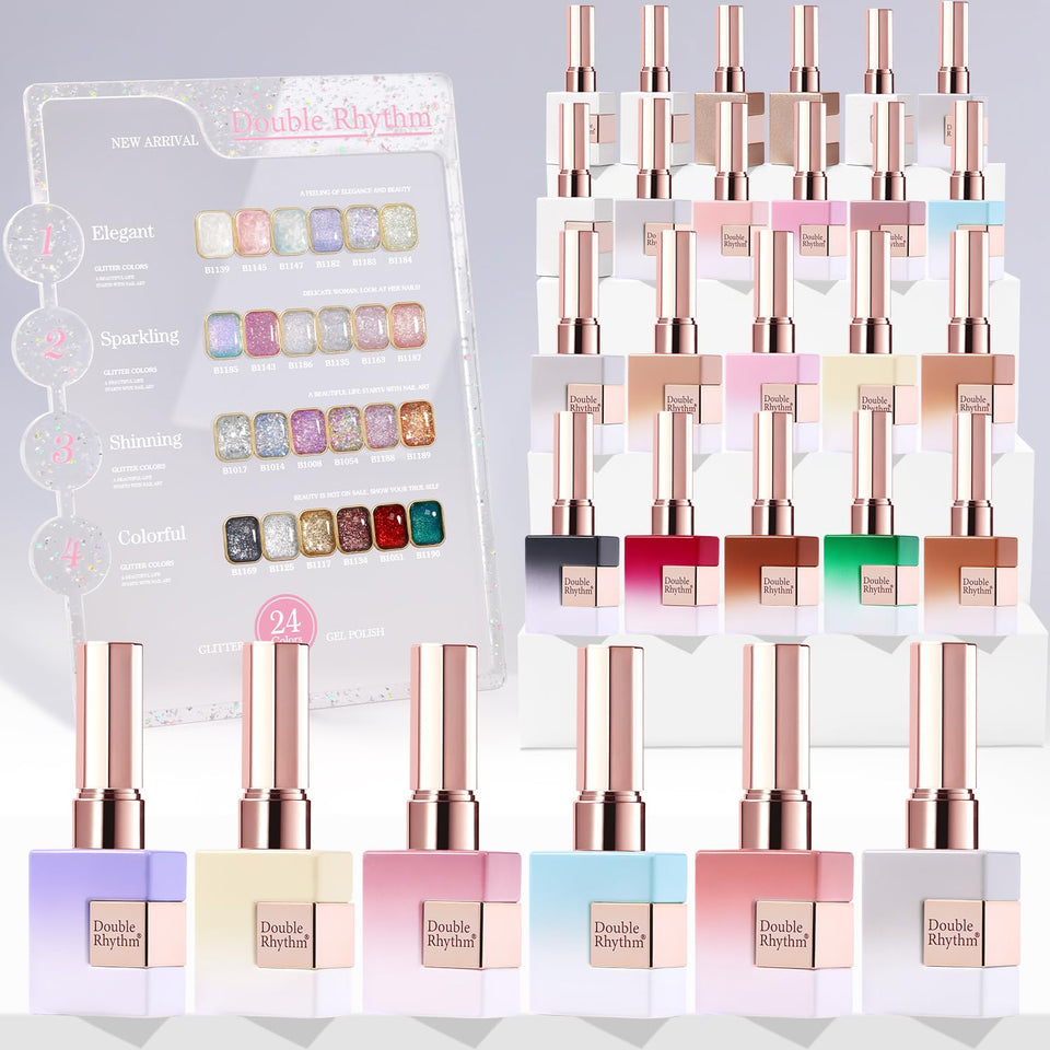 Double Rhythm glitter gel polish bottle with sparkly shades for at-home manicures.