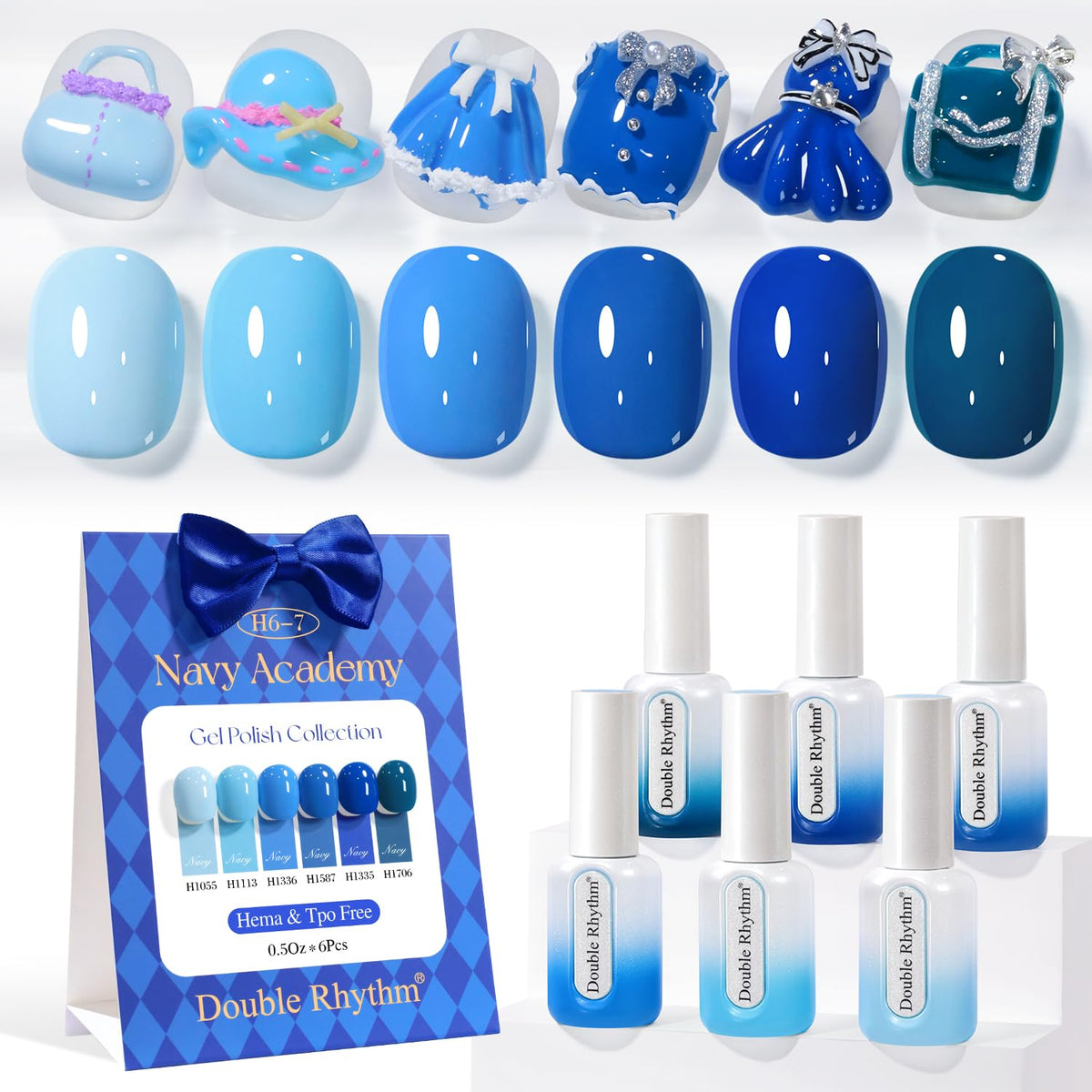 Double Rhythm gel polish set with six HEMA-free shades for at-home manicure.
