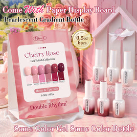 Close-up of Double Rhythm hema-free gel polish bottles highlighting safe, low-odor formula.