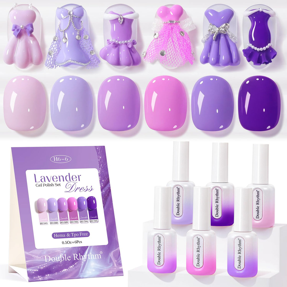 Double Rhythm Hema Free gel polish lilac on color swatch for quick preview and planning.