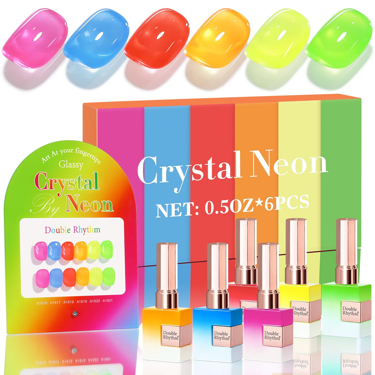 Double Rhythm jelly neon pink gel polish bottle close-up for vibrant at-home manicure.