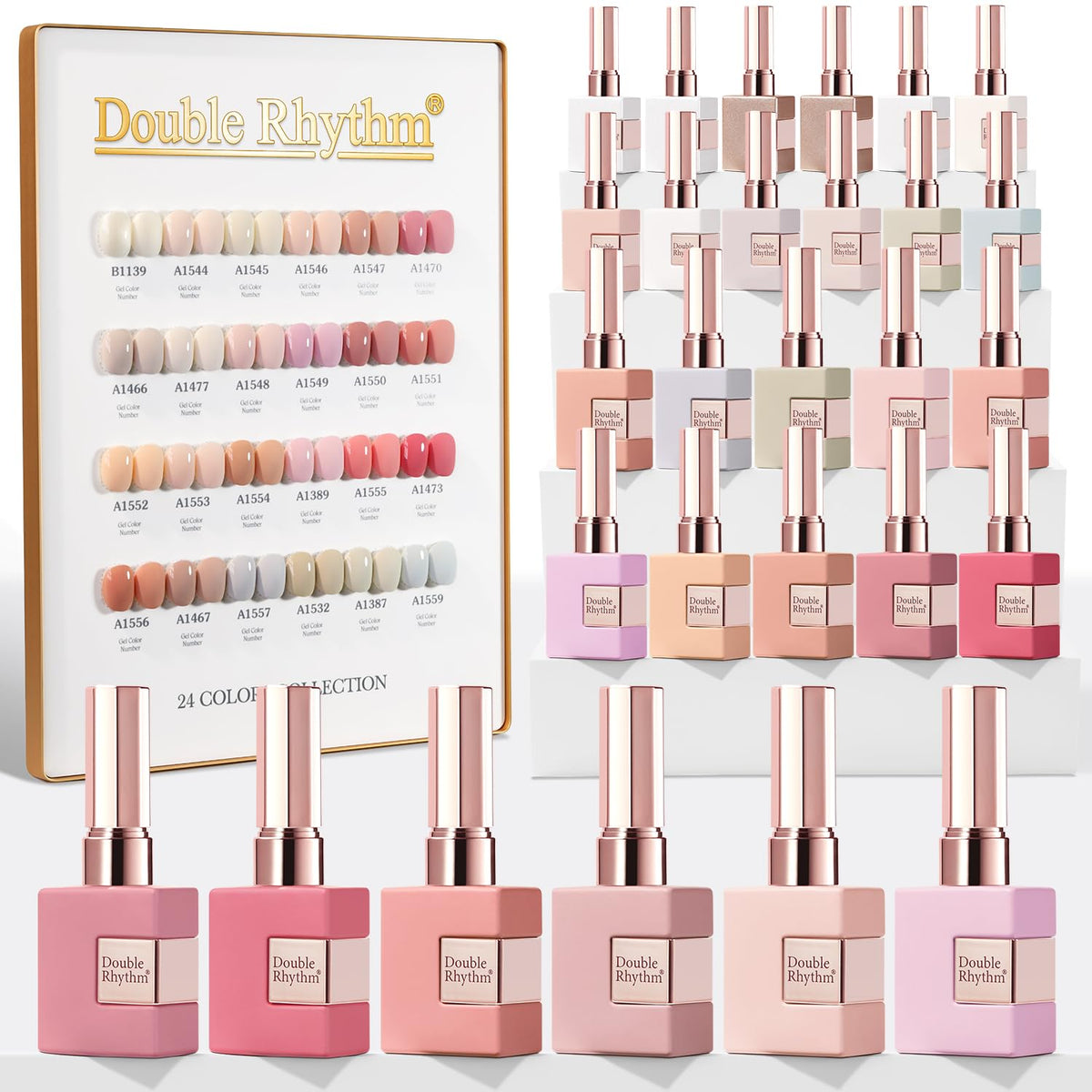 Double Rhythm Nude Pink 24 gel polish bottles for all-season color and shine.