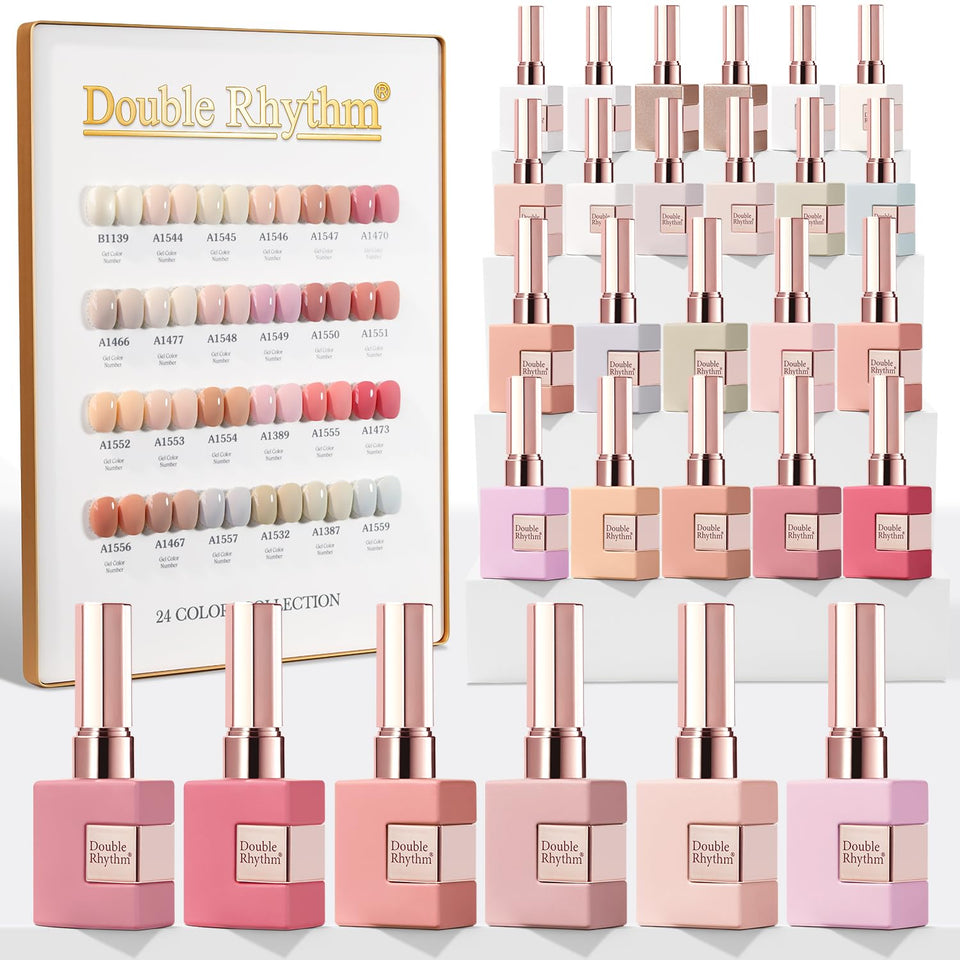 Double Rhythm Nude Pink 24 gel polish bottles for all-season color and shine.