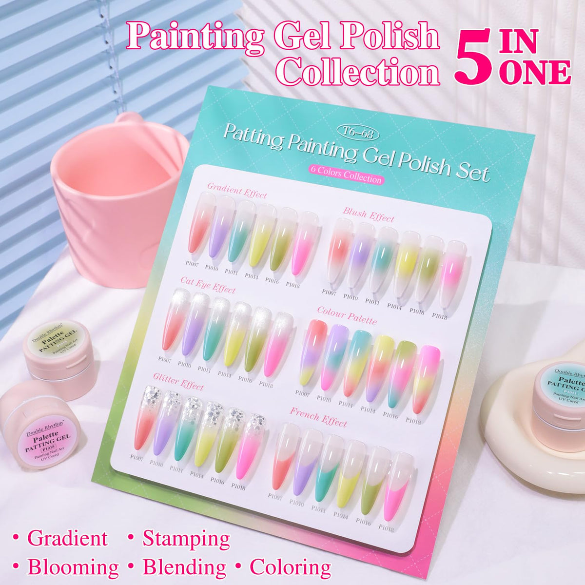 Double Rhythm color swatches showing six vibrant patting gel shades.