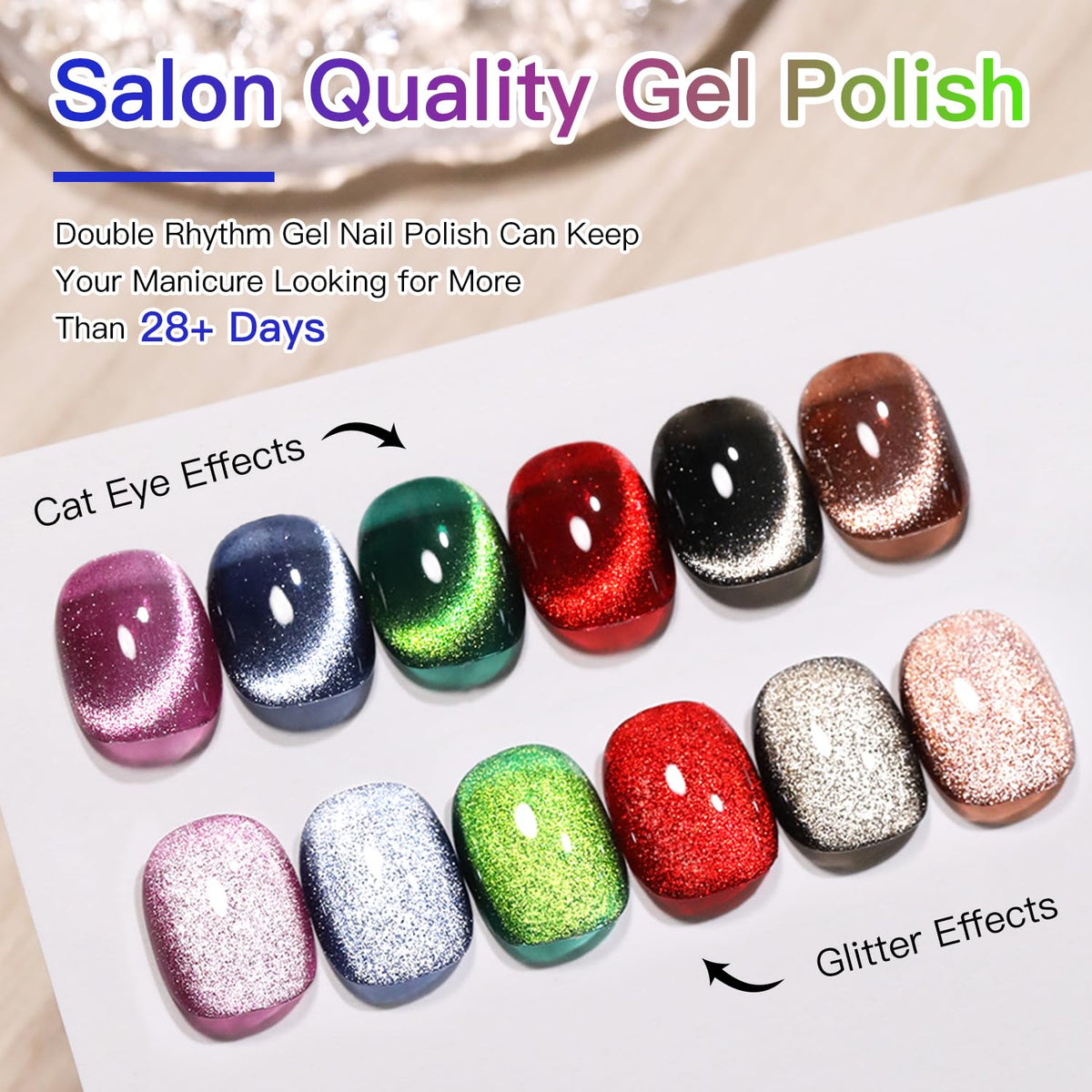 Double Rhythm glitter finish close-up highlights sparkle and premium formula.