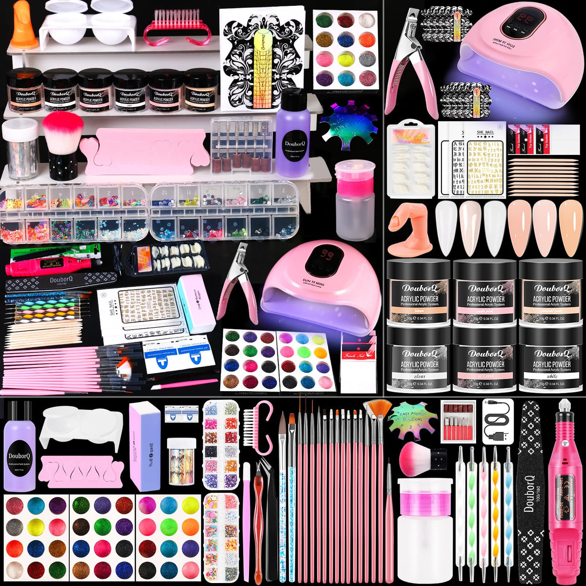 DouborQ acrylic nail kit front view showing all-in-one starter set for beginners.
