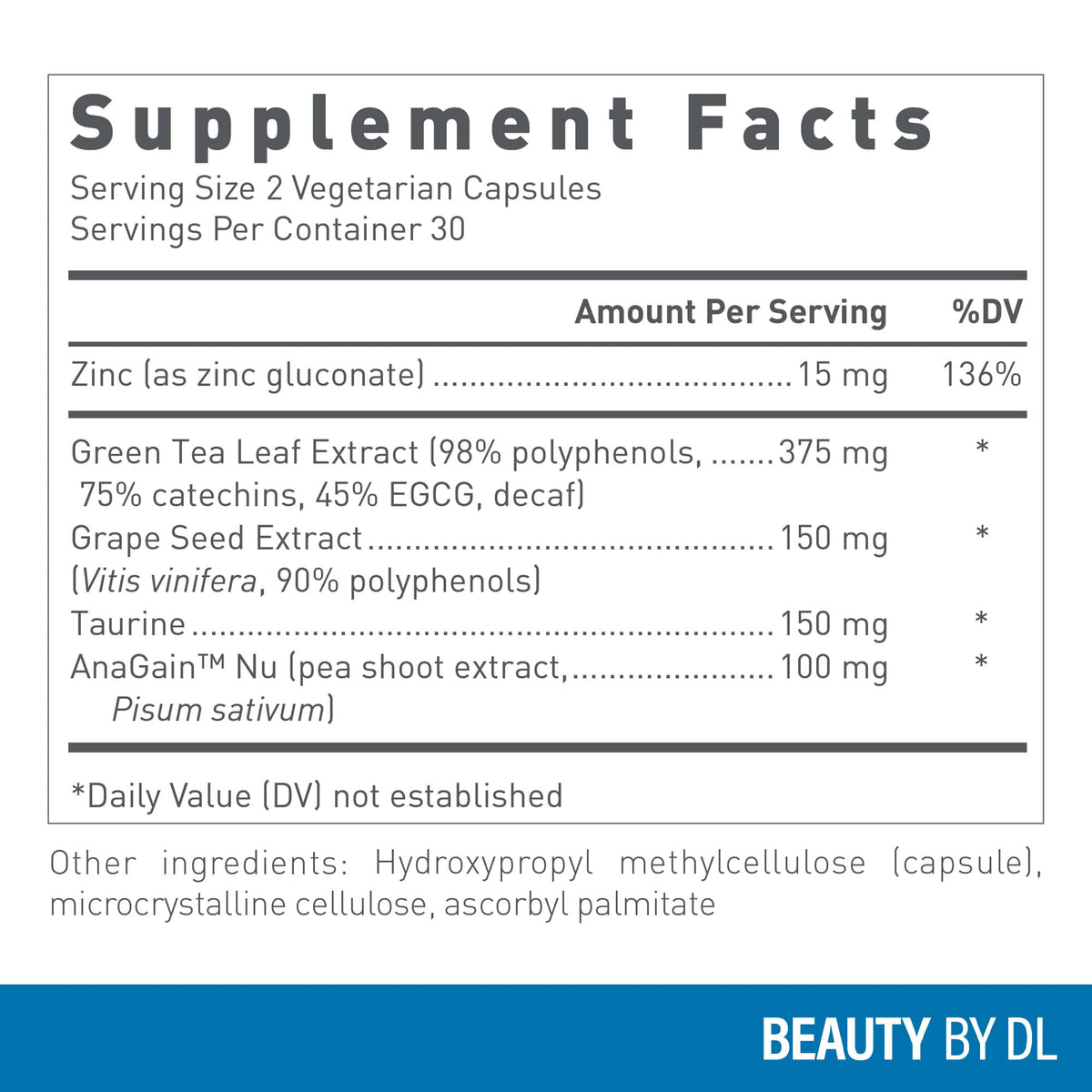 Douglas Laboratories Hair Growth+ ingredients panel shows grape seed and green tea polyphenols for follicle support.
