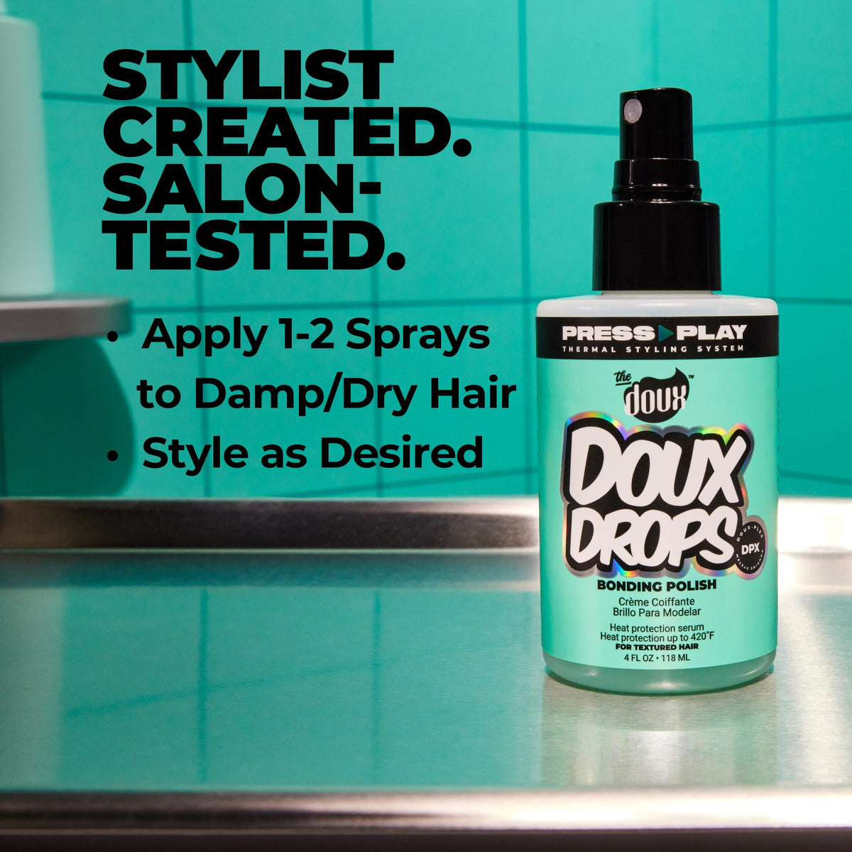 Close-up of The Doux Drops Bonding Polish Spray delivering a glossy finish