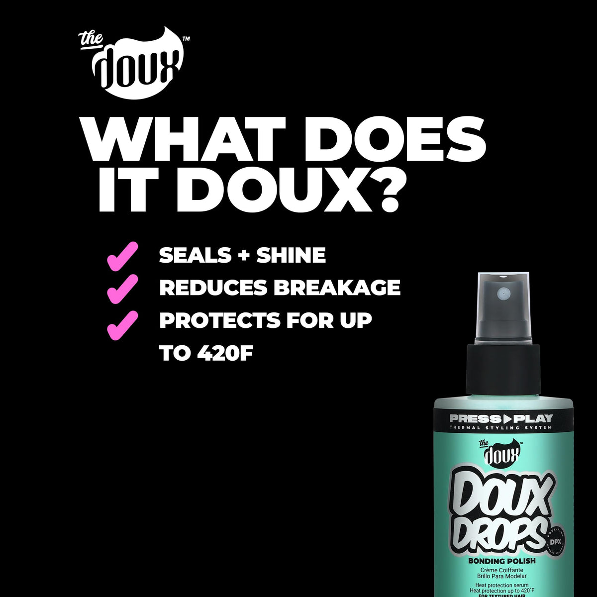 The Doux Drops Bonding Polish Spray bottle shown with vitamin E ingredients