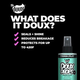 The Doux Drops Bonding Polish Spray bottle shown with vitamin E ingredients