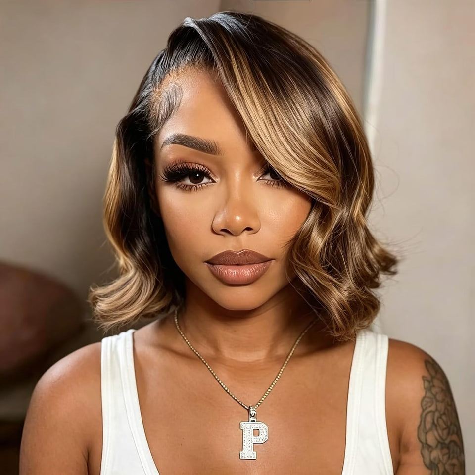 Douyin honey blonde bob wig 12 inch with HD lace front for natural, seamless parting.