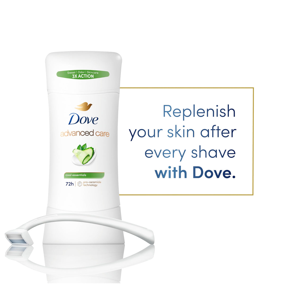 Applying Dove Advanced Care Cool Essentials after shaving on underarms