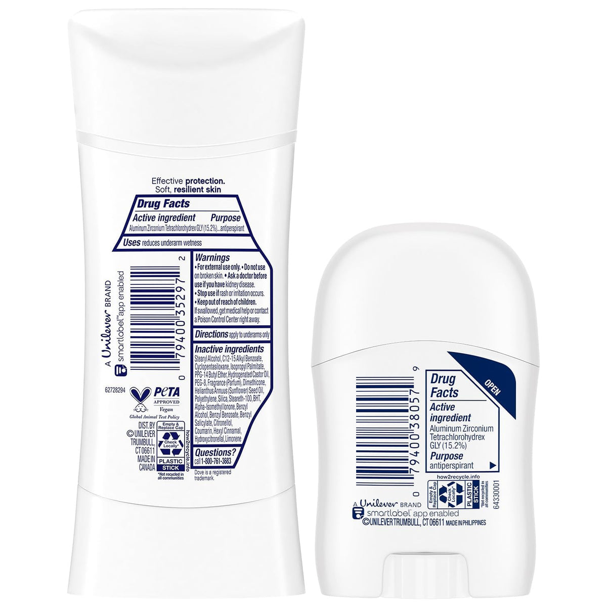 Dove Advanced Care two full-size sticks image highlighting long-lasting odor protection