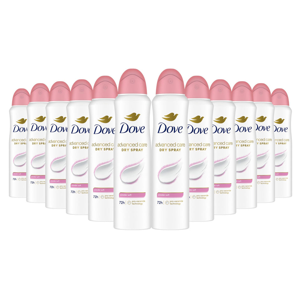Dove Advanced Care Powder Soft Spray can demonstrates quick-dry protection for underarms.