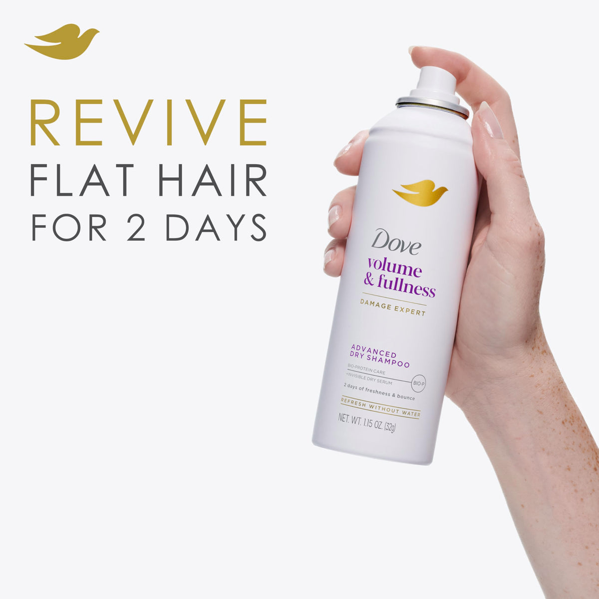 Hands massage Dove Advanced Dry Shampoo into roots to absorb oil.