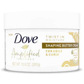 Dove Amplified Textures Shaping Butter Cream bottle glistens with creamy hydration for curly hair.