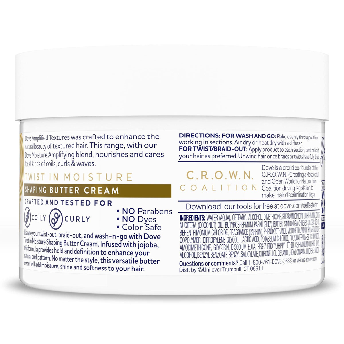 Dove Amplified Textures Shaping Butter Cream jar highlights easy application for defined coils.