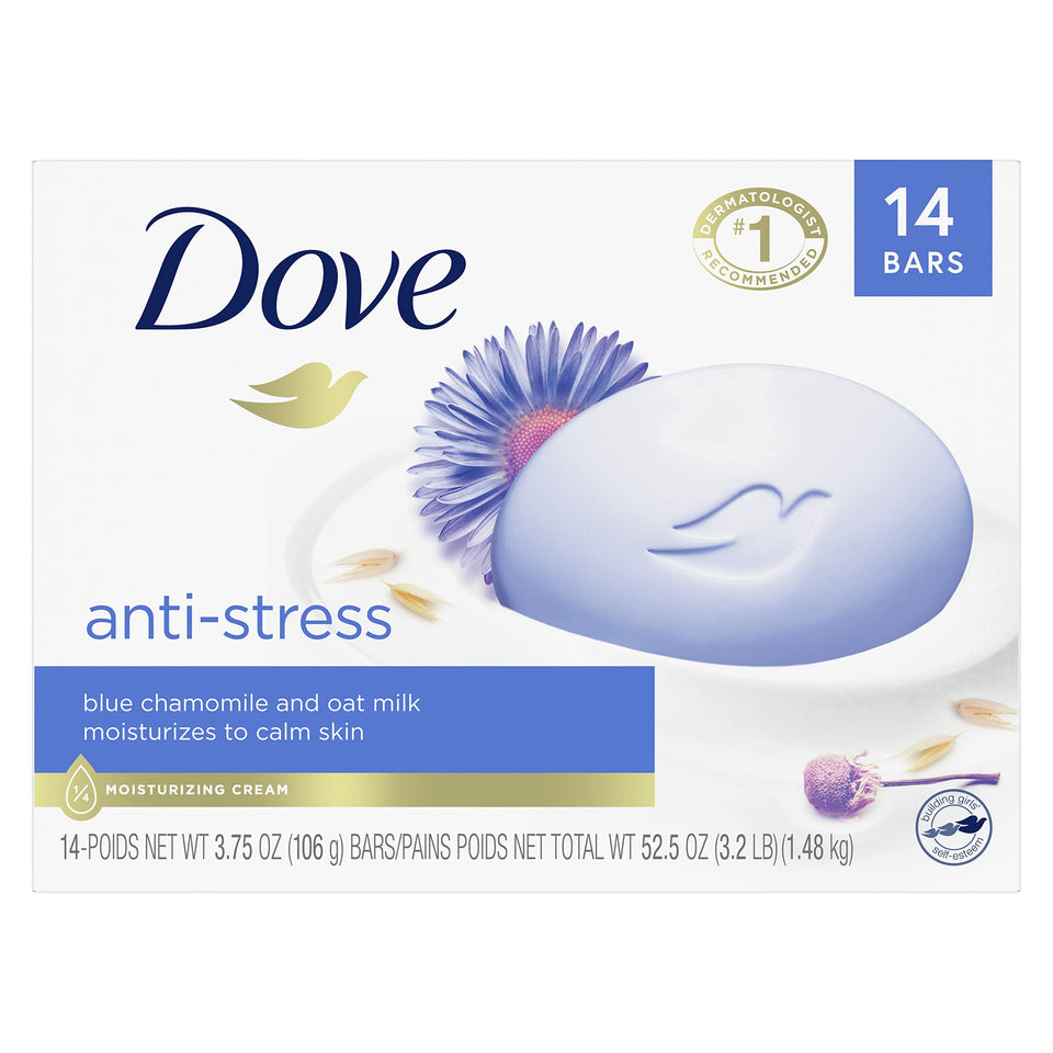 Dove Anti-Stress Beauty Bar with blue chamomile scent for soothing shower routines