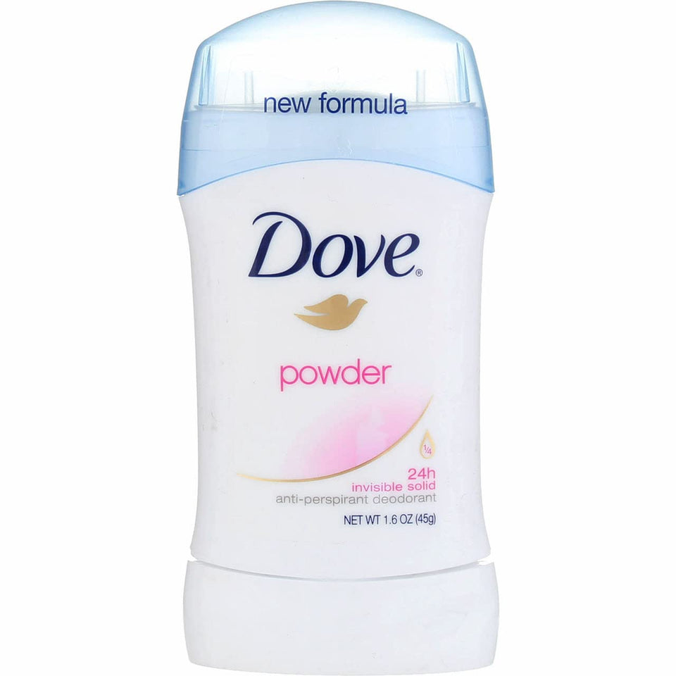 Dove antiperspirant invisible solid powder bottles offering long-lasting protection.