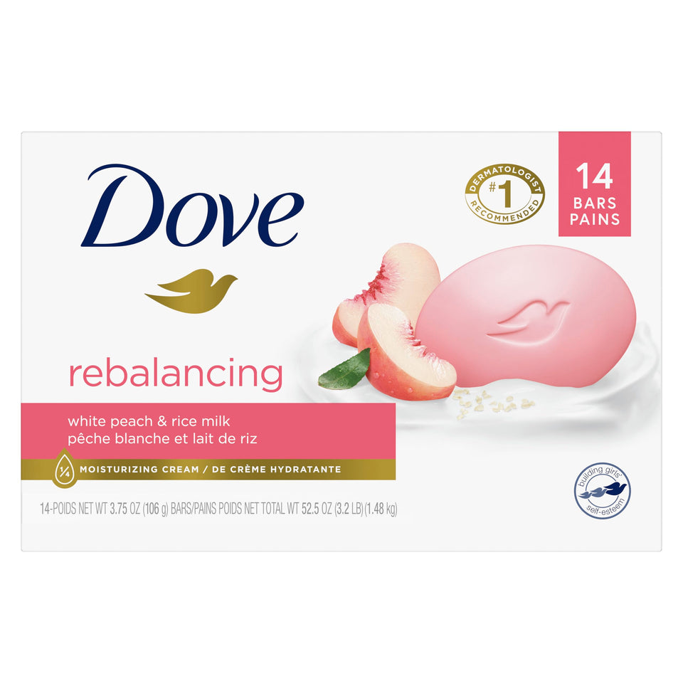 Dove Beauty Bar packaging shows White Peach & Rice Milk for balanced cleansing.