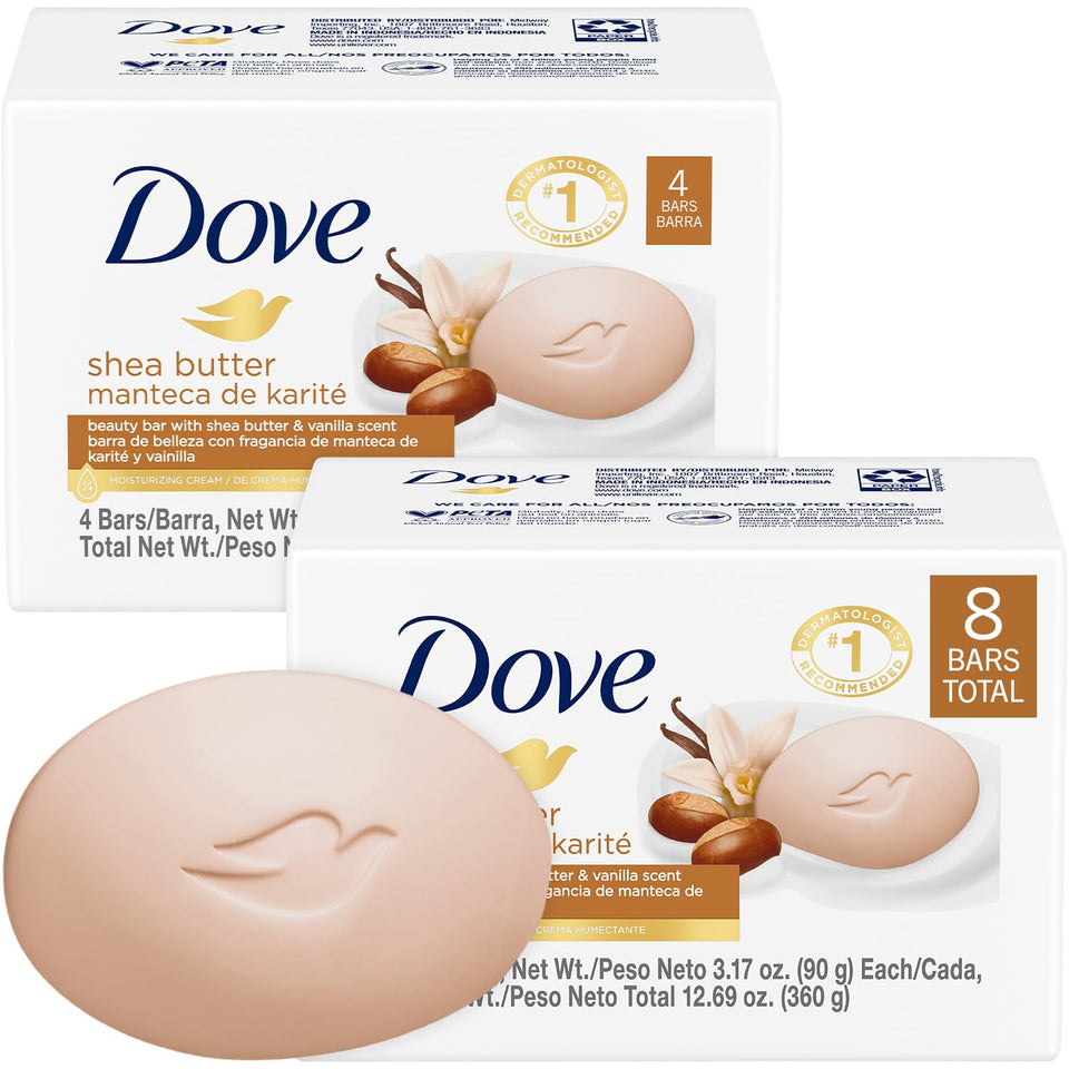 Dove Beauty Bar two-pack with vanilla-shea soap for all-in-one cleansing.