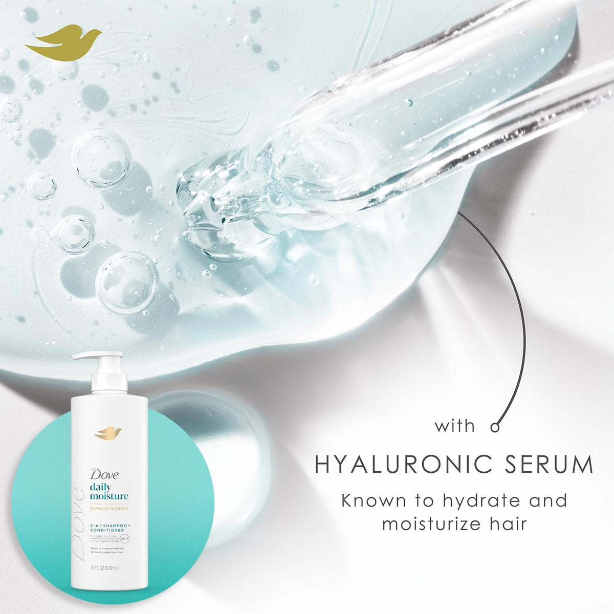 Dove Bio-Protein Care Hyaluronic Serum label shows nourishing hair ingredients.