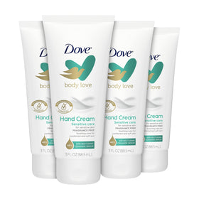 Dove Body Love Sensitive Care hand cream tube for quick absorption on dry hands