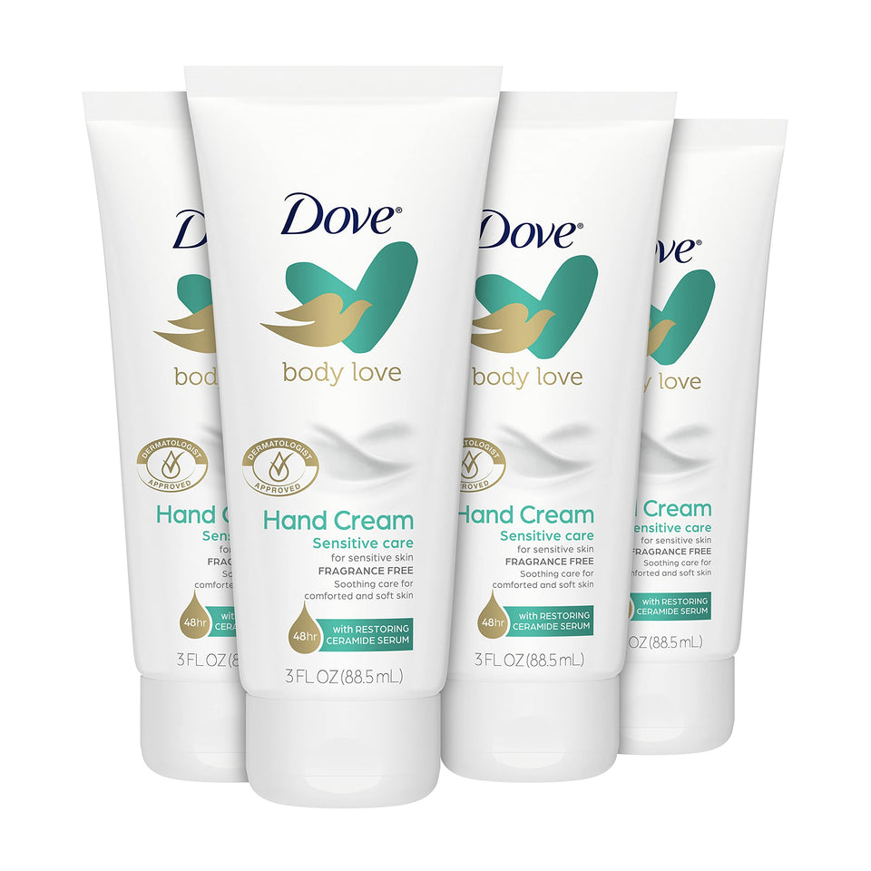 Dove Body Love Sensitive Care hand cream tube for quick absorption on dry hands