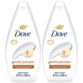 Dove Gentle Pamper bottle front with soothing vanilla scent for a pampering shower