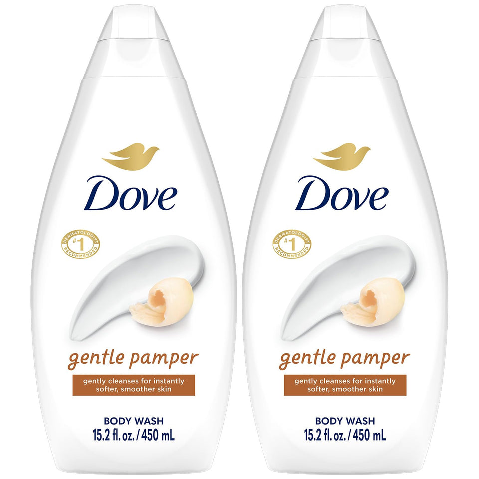 Dove Gentle Pamper bottle front with soothing vanilla scent for a pampering shower