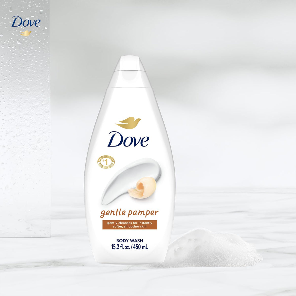 Dove Gentle Pamper lather close-up showing rich cleansing foam