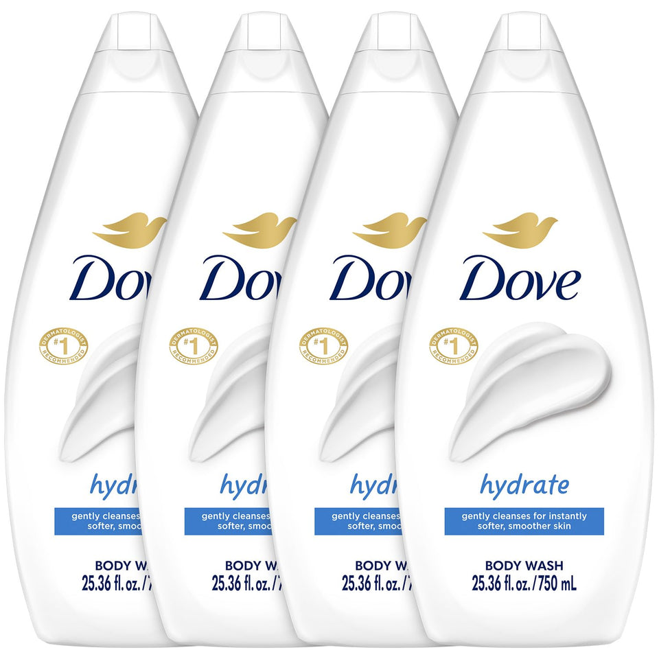 Dove Body Wash Hydrate four-pack bottles ready for a moisturizing shower.
