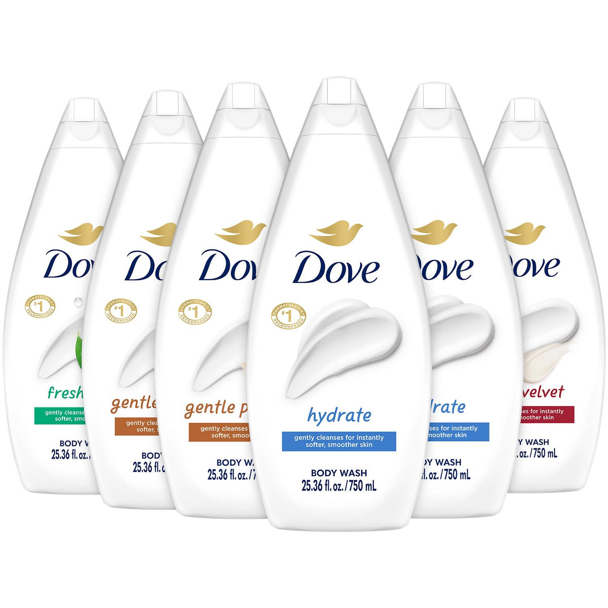 Dove Hydrate bottle on bathroom shelf with rich lather promise for dry skin care