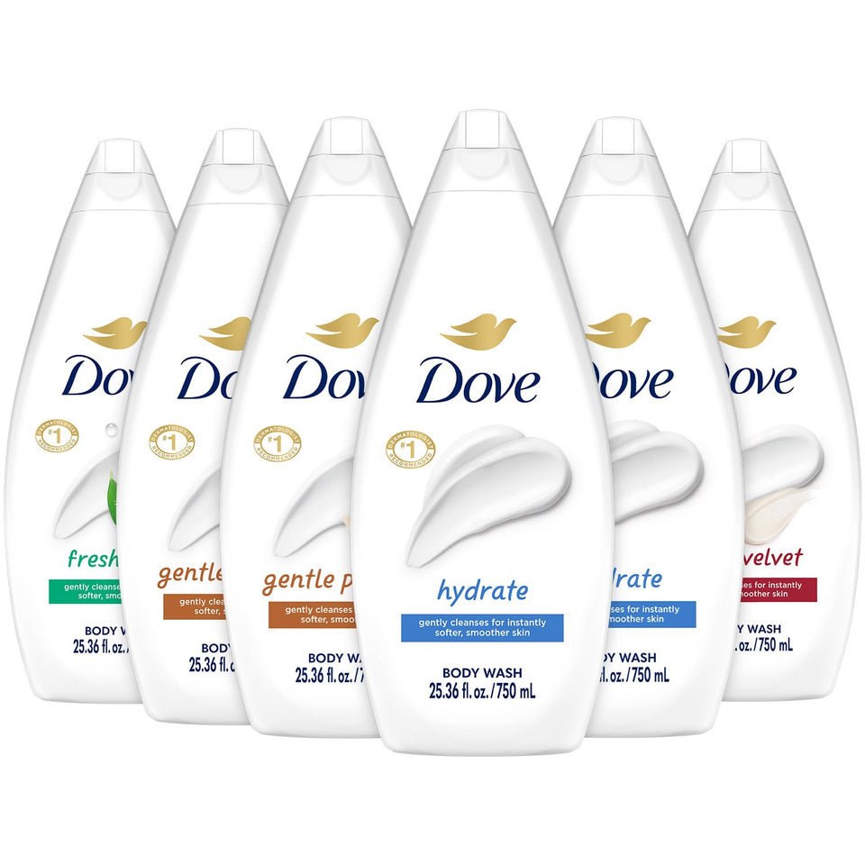 Dove Hydrate bottle on bathroom shelf with rich lather promise for dry skin care