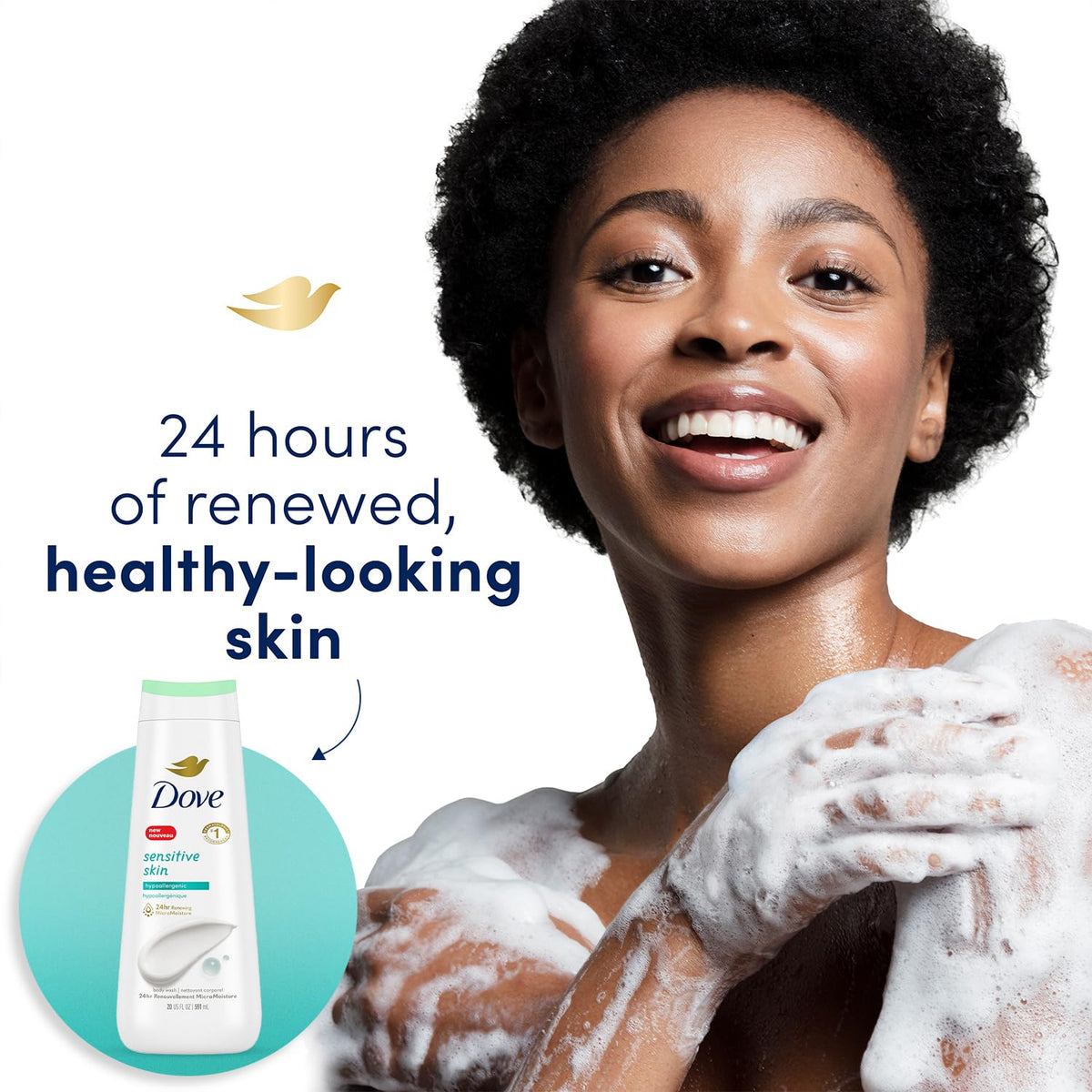 Dove body wash lather on skin with soft foam for gentle care