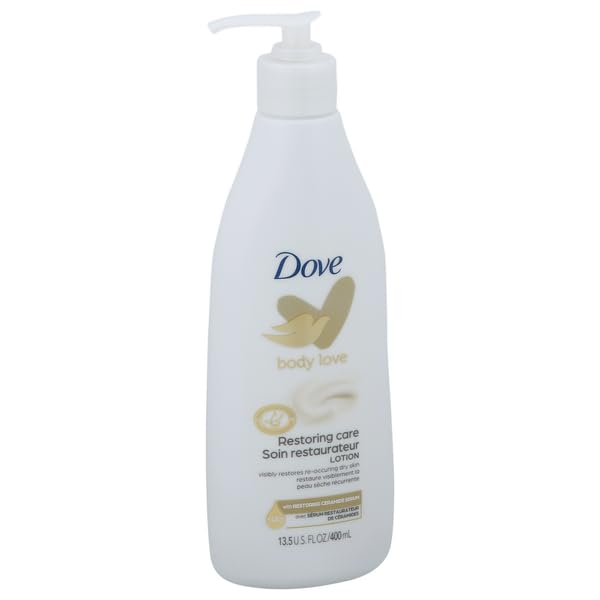 Dove Cleansing Lotion Restoring Care bottle pour provides gentle hydration for daily skin.