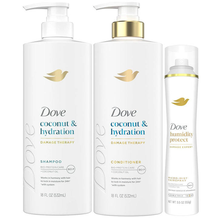 Dove Coconut & Hydration shampoo bottle promotes strengthened, nourished hair