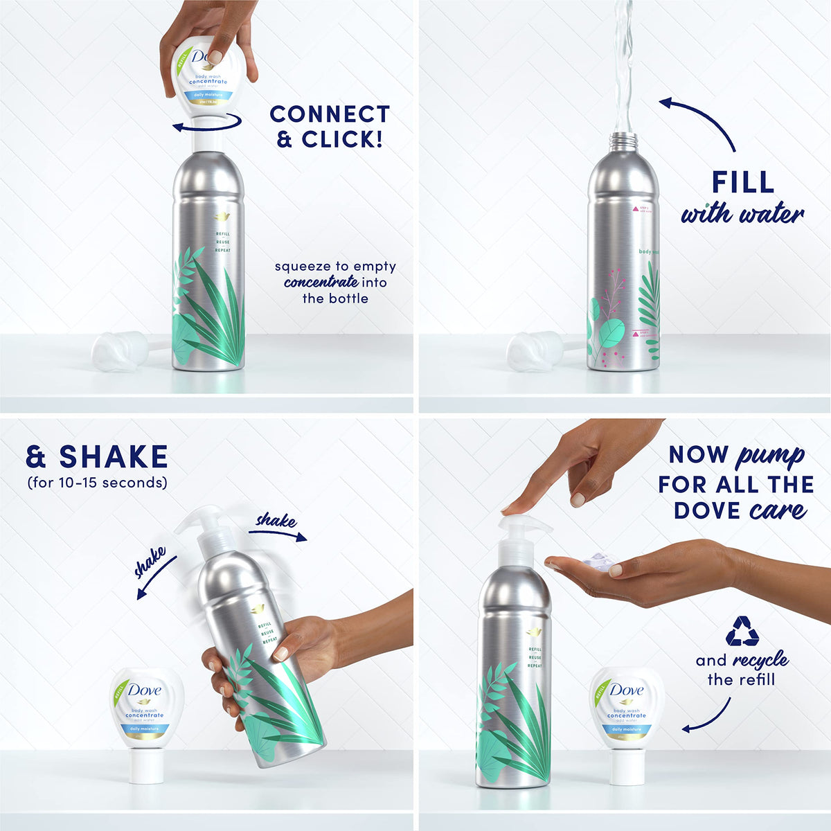 Dove Concentrate pour action refill, mess-free and faster showers.