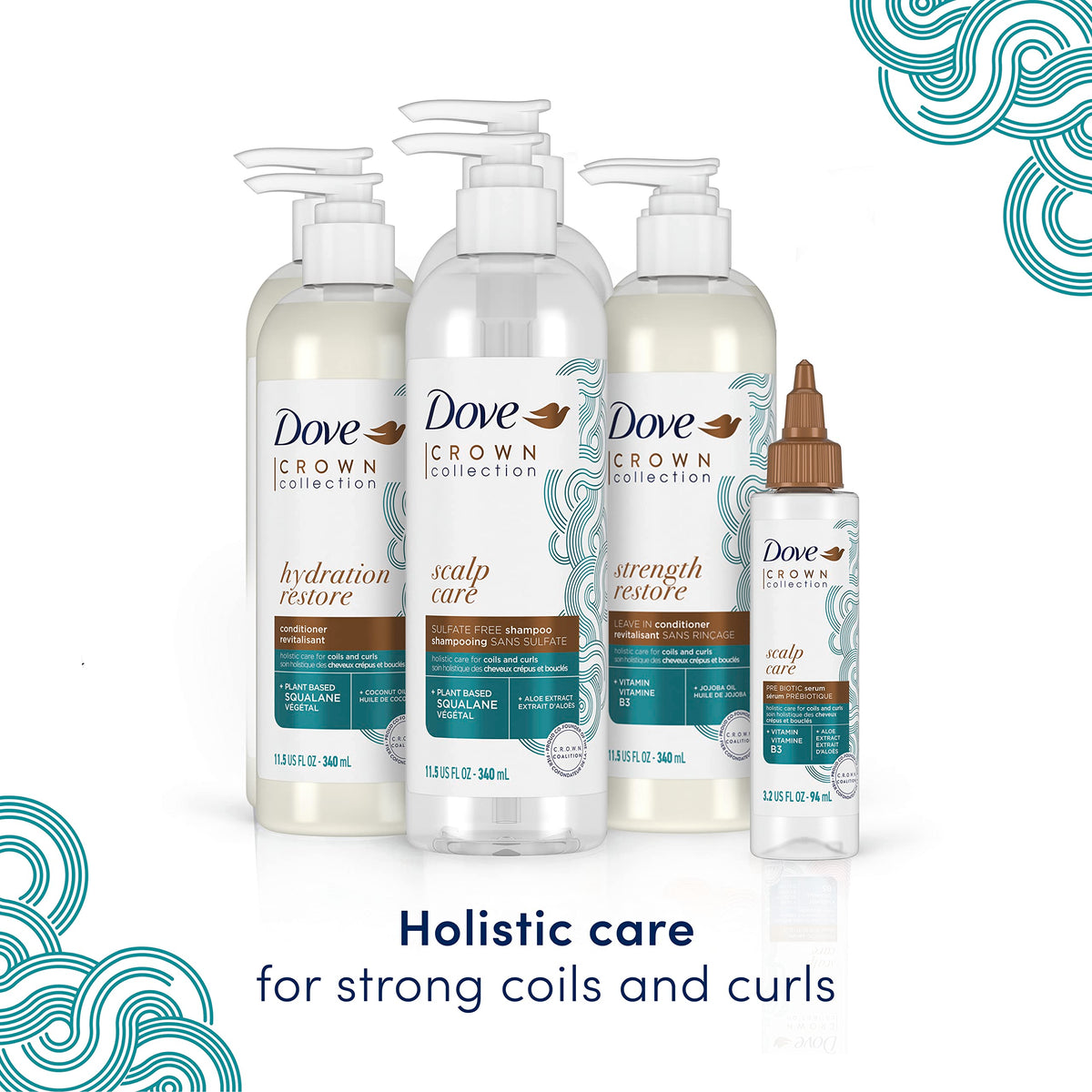 Dove Crown Cruelty-Free packaging communicates ethical care for hair routines.
