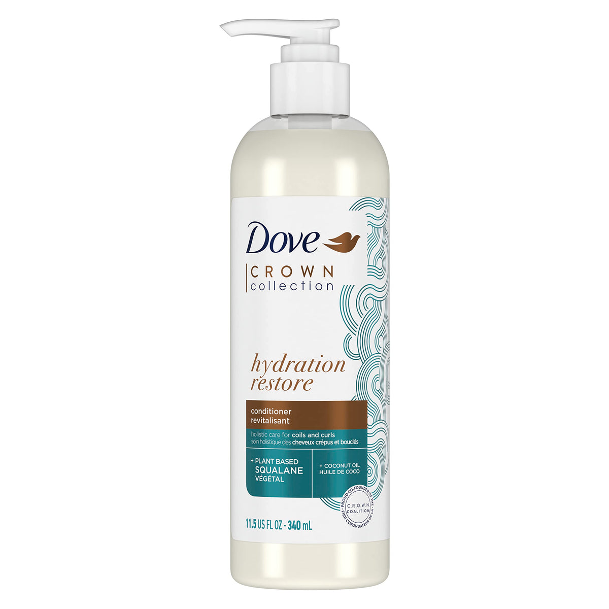 Dove Crown Hydration Restore Conditioner bottle shows creamy formula for moisture and slip.