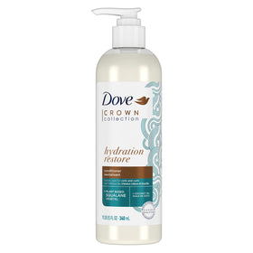 Dove Crown Hydration Restore Conditioner bottle shows creamy formula for moisture and slip.
