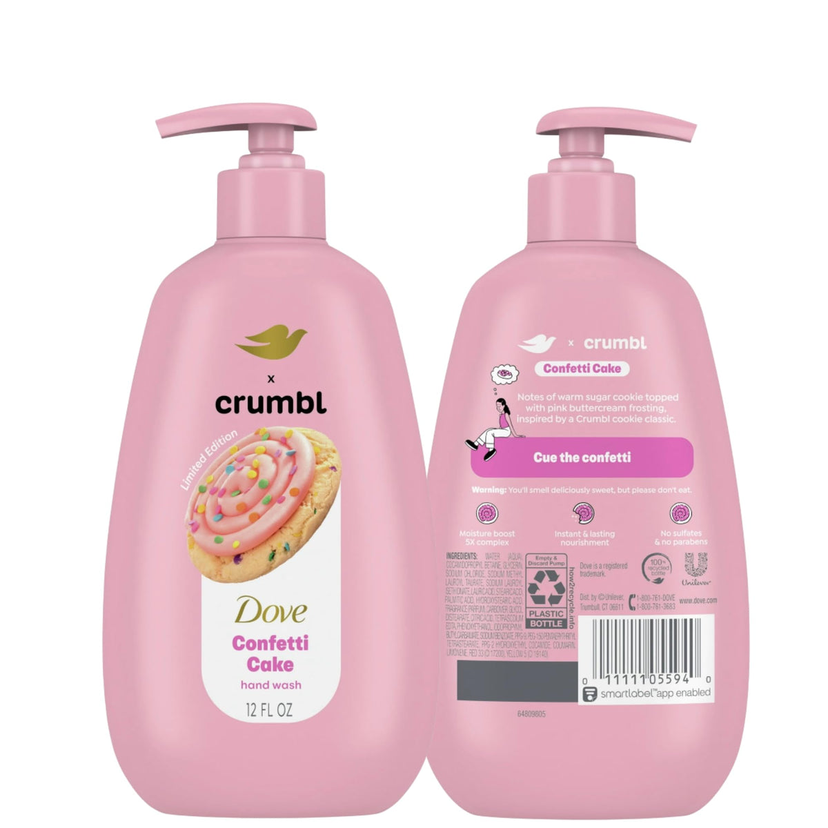Dove Crumbl Confetti Cake bottle edges on kitchen counter