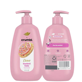 Dove Crumbl Confetti Cake bottle edges on kitchen counter