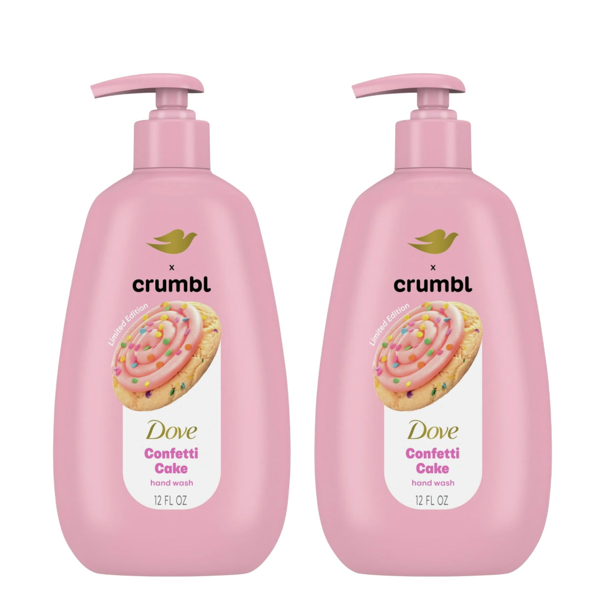 Dove Crumbl Confetti Cake hand wash 2-pack bottles provide gentle cleansing and moisture